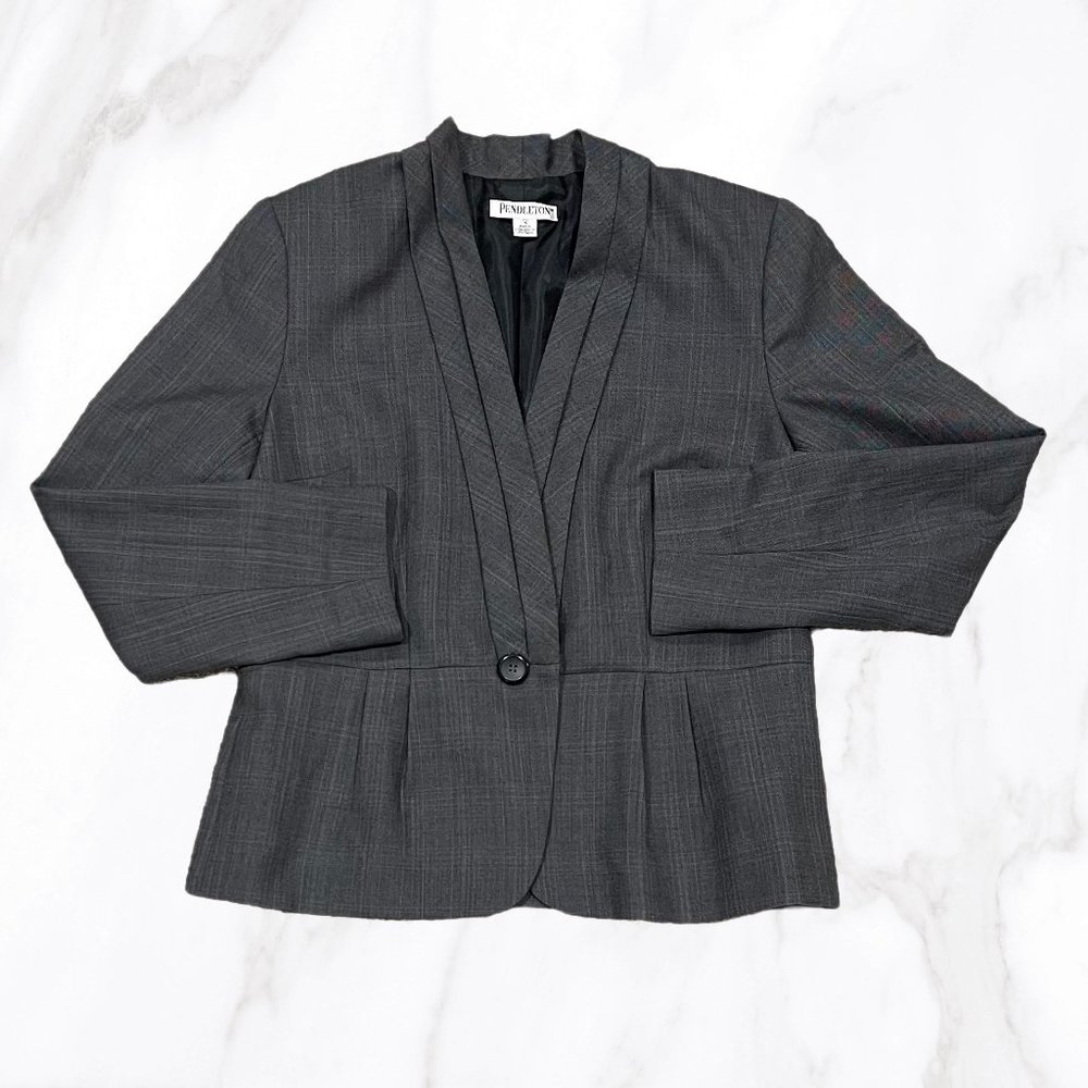 Pendleton Women's Gray 1 Button Collarless Pleated 100% Wool Blazer, Size 12
